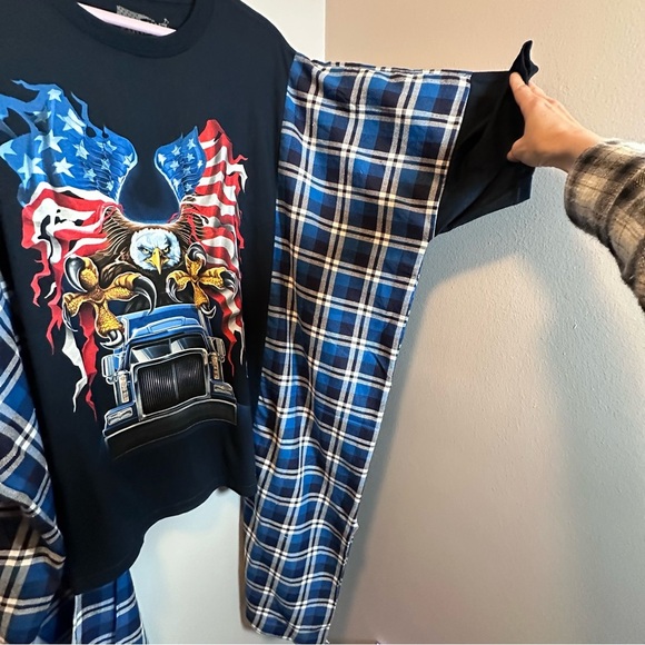 Poncho 18 wheeler eagle American flag black and blue flannel plaid - Picture 5 of 6